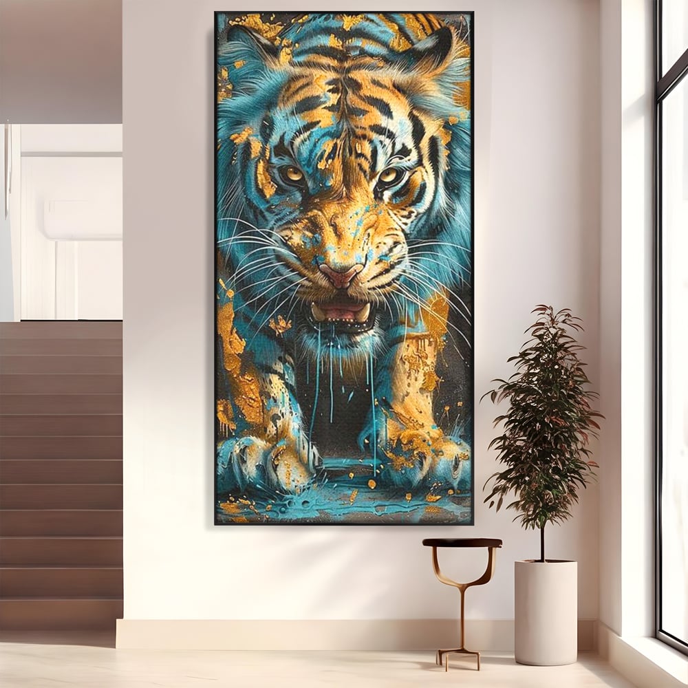 Tablou canvas cu tablou canvas cu tigru furios, in rama de aluminiu negru